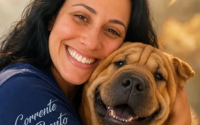 Jeanine abraçada com o Bento, o Shar Pei que deu origem ao instituto